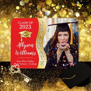 Red Gold Graduate Wave Grad Cap Photo Magnet