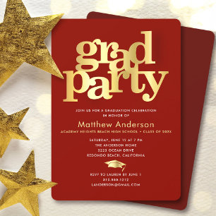 Red Gold Graduation Cap Bold Typography Minimal Invitation