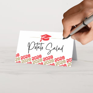 Red & Gold Graduation Cap Folding Label, Food or Place Card