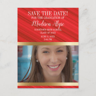 Red Gold Graduation Photo Save Date Vertical Postcard