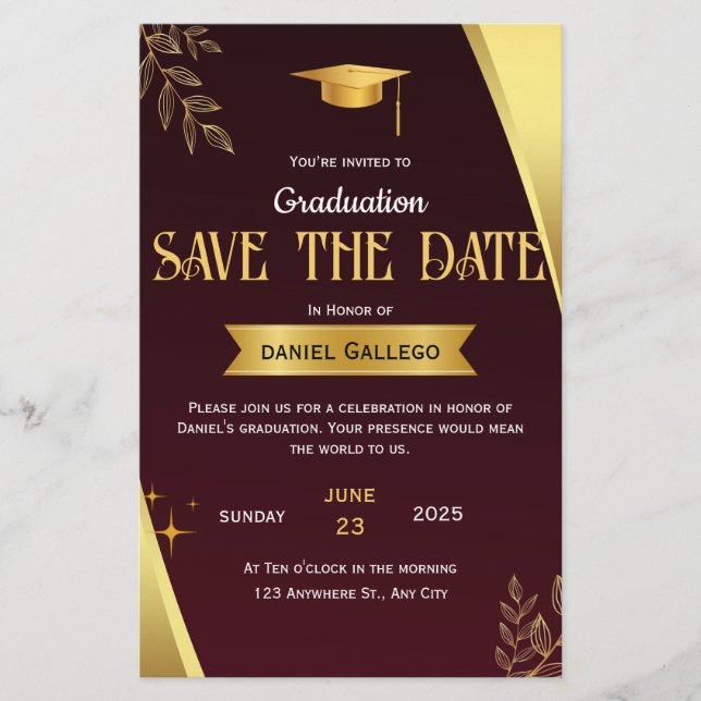 Red Gold Graduation Save the Date Card (Front)