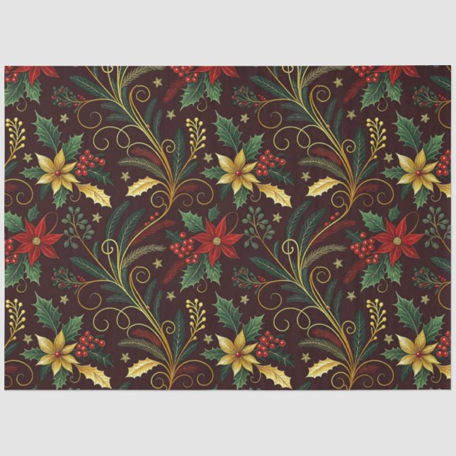 Red Gold Green Christmas Florals Decoupage  Tissue Paper (Front)