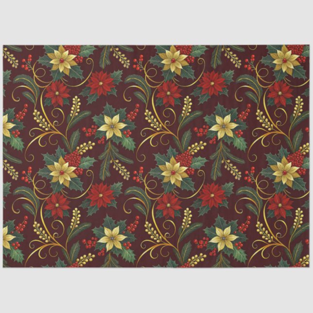 Red Gold Green Christmas Florals Decoupage  Tissue Paper (Front)