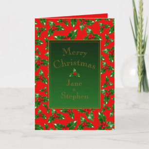 Red Gold Green Holly Berry Pattern – Personalized Card