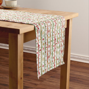Red Gold Green Snowflakes and Stripes Medium Table Runner