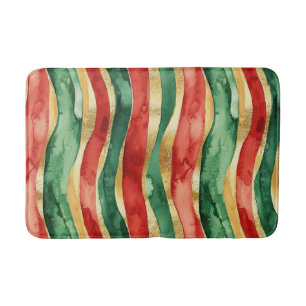 Red Gold Green Stripes Christmas Bath Mat