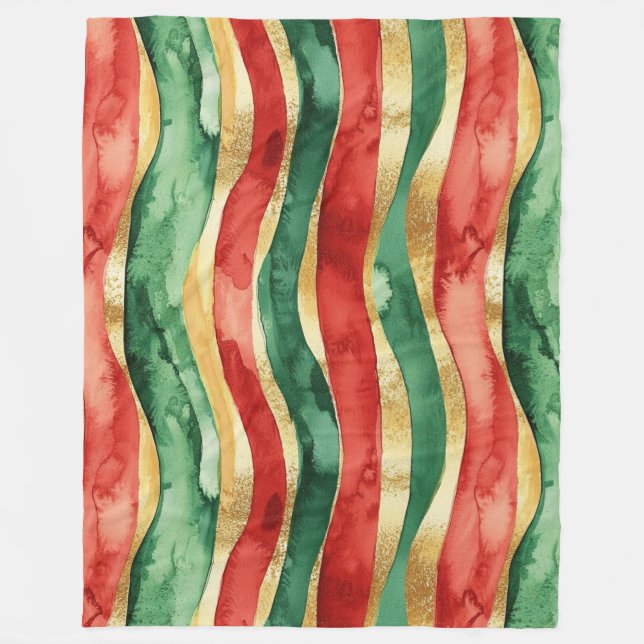 Red Gold Green Stripes Christmas Fleece Blanket (Front)