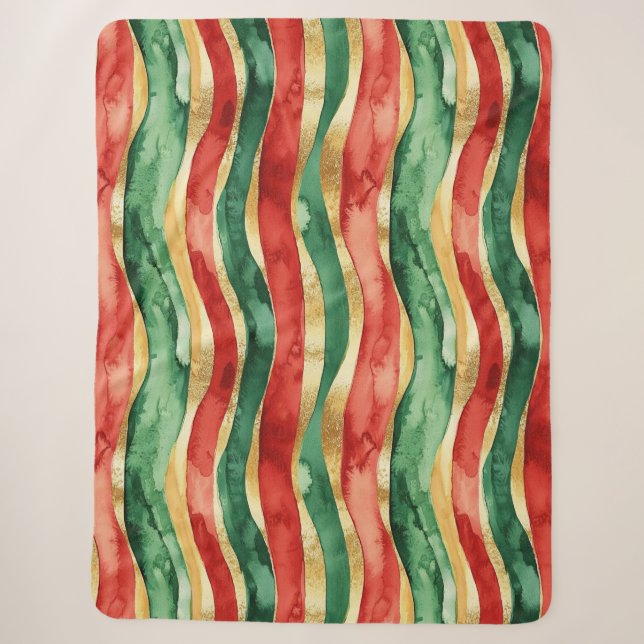 Red Gold Green Stripes Christmas Sherpa Blanket (Front)