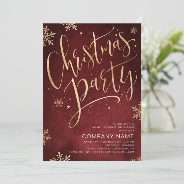 Red gold handwritten calligraphy Christmas Party Invitation (Standing Front)