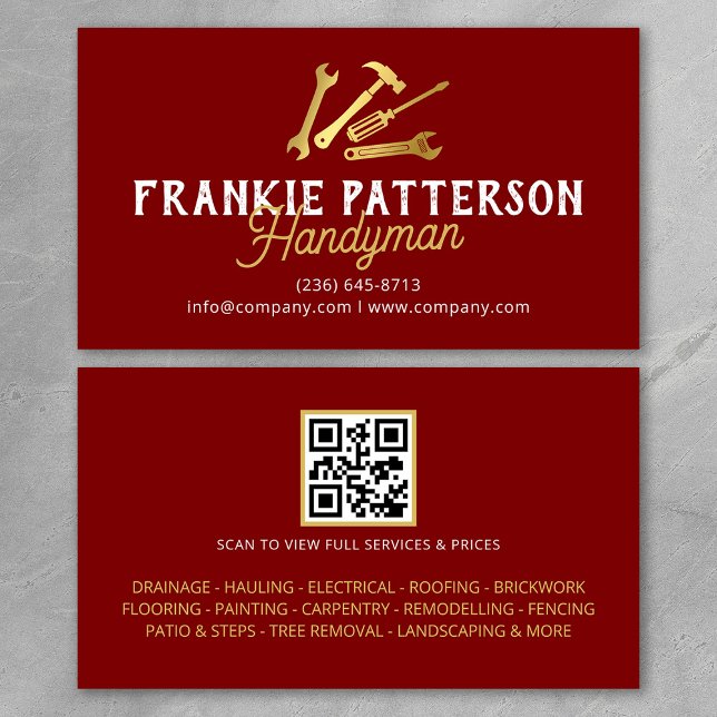 Red Gold Handyman Repair & Maintenance QR Code Business Card (Creator Uploaded)
