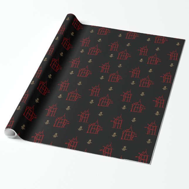 Red & Gold Happiness Pagodas Chinoiserie Gift Wrap (Unrolled)