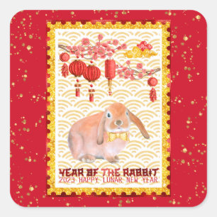 Red Gold Happy Lunar New Year of the Rabbit Square Sticker