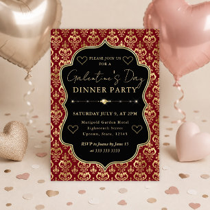 Red & Gold Heart Damask Galentine's Dinner Party Invitation