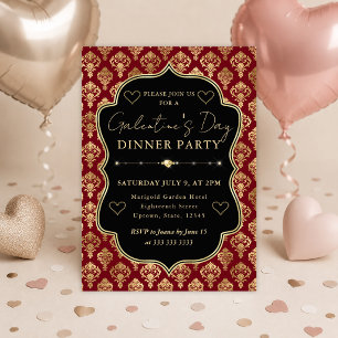 Red & Gold Heart Damask Galentine's Dinner Party Invitation