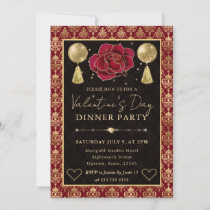 Red & Gold Heart Damask & Rose Valentine's Dinner Invitation