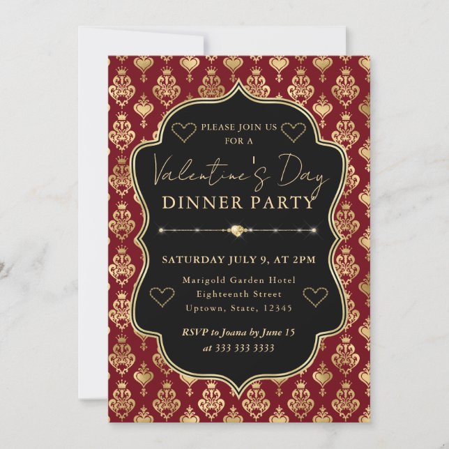 Red & Gold Heart Damask Valentine's Dinner Party Invitation (Front)
