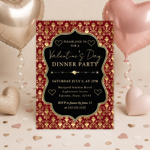 Red & Gold Heart Damask Valentine's Dinner Party Invitation