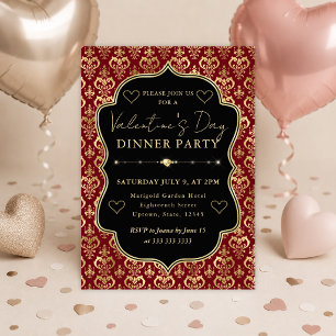 Red & Gold Heart Damask Valentine's Dinner Party Invitation