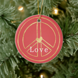 Red Gold Heart Peace Sign Love Christmas Ceramic Ornament