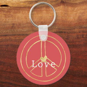 Red Gold Heart Peace Sign Love Christmas Keychain