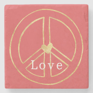 Red Gold Heart Peace Sign Love Valentine's Day Stone Coaster