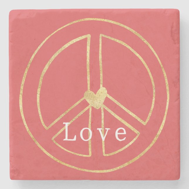 Red Gold Heart Peace Sign Love Valentine's Day Stone Coaster (Front)