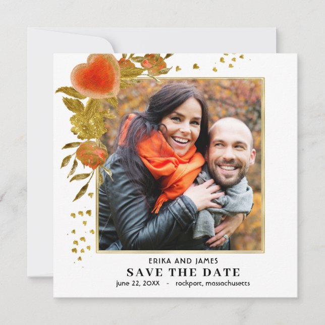 Red Gold Heart Rose Photo Save the Date (Front)