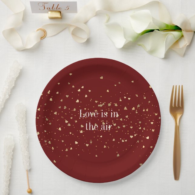 Red Gold Hearts Confetti Paper Plate (Wedding)