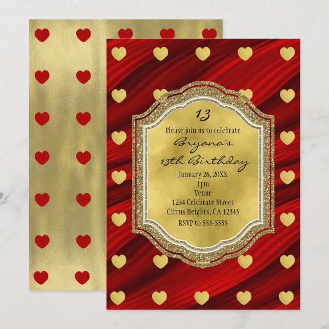 Red & Gold Hearts Invitations de fête d'anniversai (Devant / Derrière)