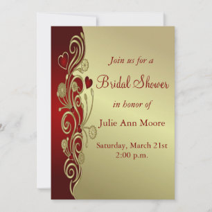 Red & Gold Hearts & Scrolls Bridal Shower Invitation