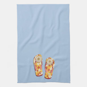 Red & Gold Hibiscus Flower Flip Flops on Lt Blue Kitchen Towel
