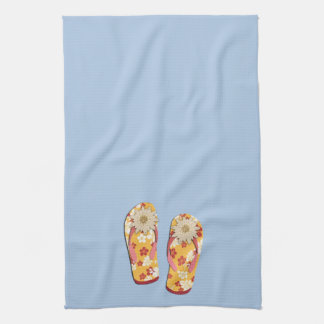 Red & Gold Hibiscus Flower Flip Flops on Lt Blue Kitchen Towel