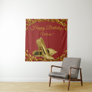Red Gold High Heel Shoe Birthday Party SQ Backdrop Tapestry