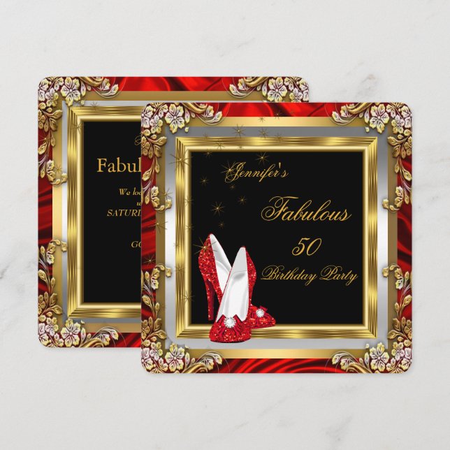 Red Gold High Heels Black Fabulous Birthday Party Invitation (Front/Back)