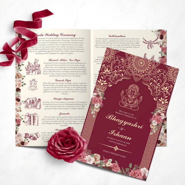 Red & Gold Hindu Mariage Ceremony Programme plié (Créateur téléchargé)