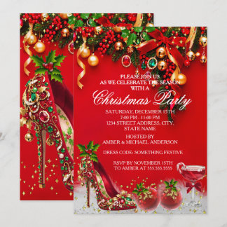 Red Gold Holly Bauble Christmas Holiday Party Shoe Invitation