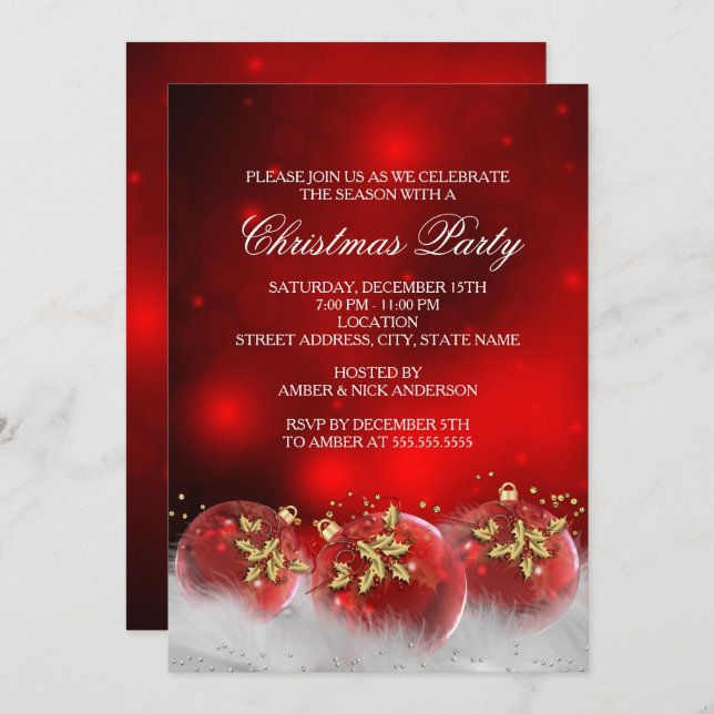 Red Gold Holly Baubles Christmas Party Invite (Front/Back)