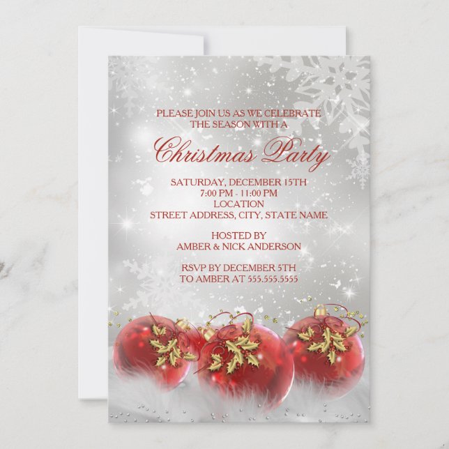 Red & Gold Holly Baubles Invitation de la fête de  (Devant)