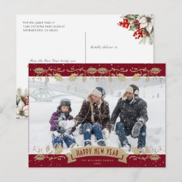Red Gold Holly Berries Photo Happy New Year Holiday Postcard