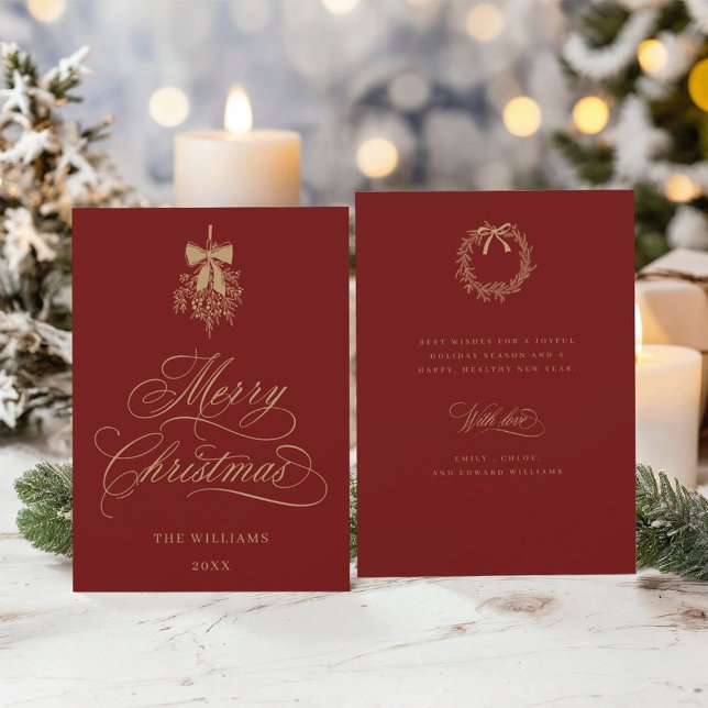 Red & Gold Holly Berry Bouquet Flat Christmas Holiday Card (Front & Back)