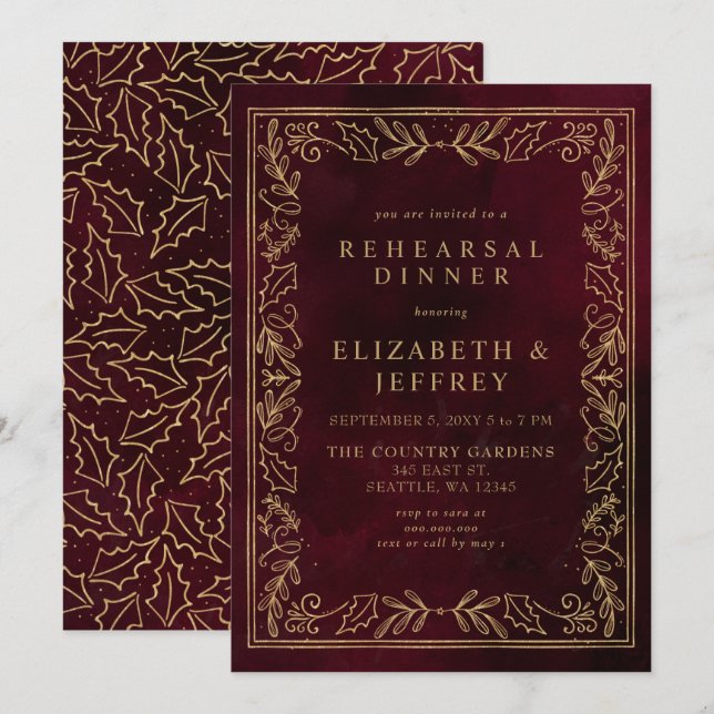 Red Gold Holly Christmas Rehearsal Dinner Invitation (Front/Back)