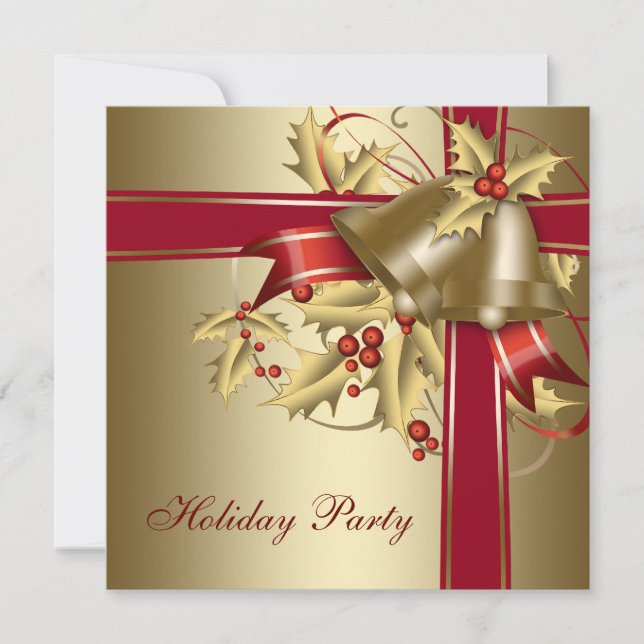 Red Gold Holly Corporate Christmas Holiday Party Invitation (Front)