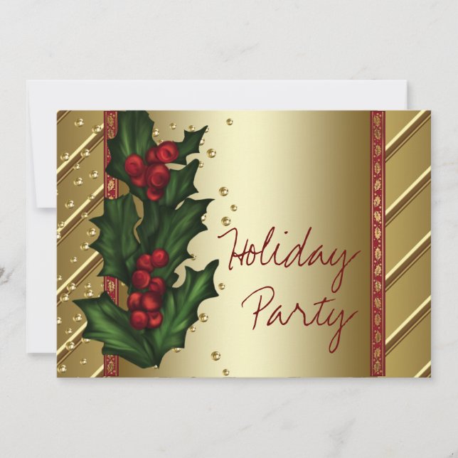 Red Gold Holly Corporate Holiday Party Invitation (Front)