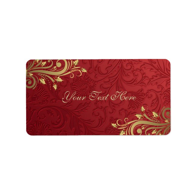 Red/Gold Holly Flourish Christmas Address Label (Front)