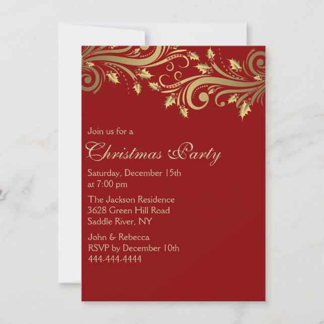Red & Gold Holly Flourish Christmas Party Invite (Front)