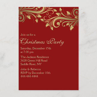 Red & Gold Holly Flourish Christmas Party Invite
