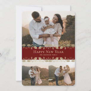 Red Gold Holly Photo Happy New Year Card