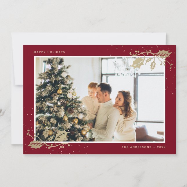Red Gold Holly Snowflakes Photo Christmas Holiday Card (Front)
