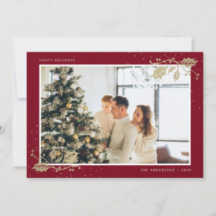 Red Gold Holly Snowflakes Photo Christmas Holiday Card
