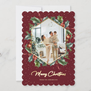 Red Gold Holly Wreath Photo Joyeuse carte de Noël